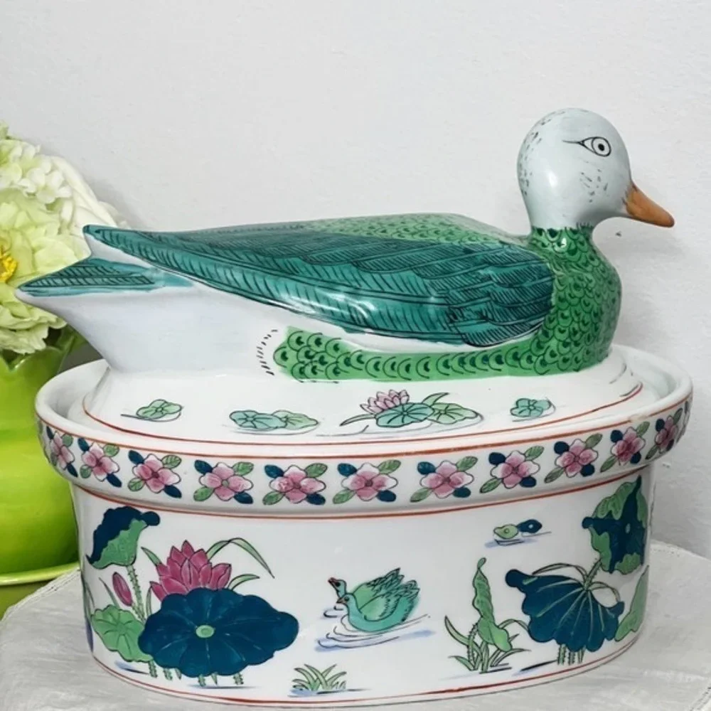 Vintage‎ Duck Bird Oval Covered Casserole Dish Tureen Chinese Export Asian Lotus